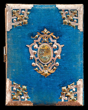 Vintage Blue Book Cover With Ornate Gold Metal Embellishments