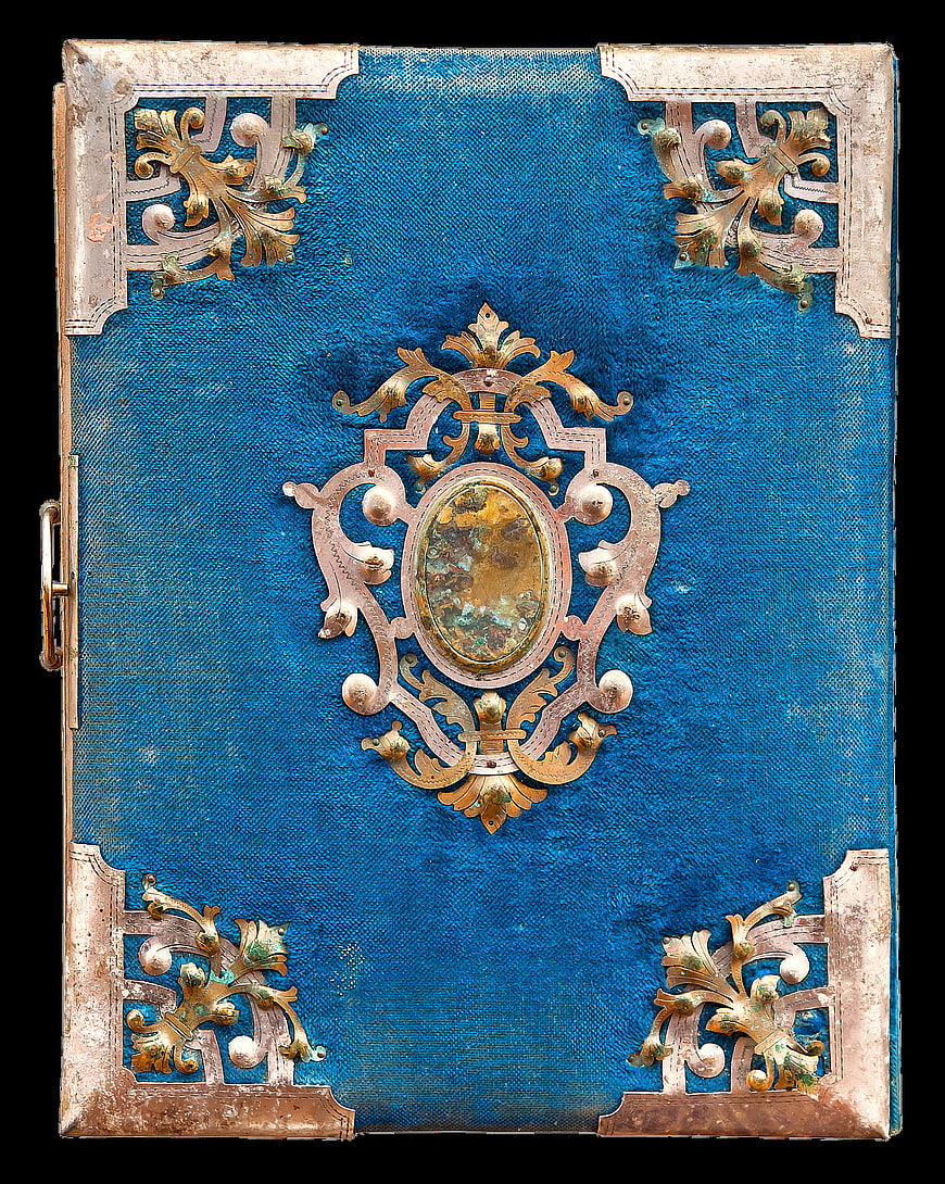 Vintage Blue Book Cover With Ornate Gold Metal Embellishments