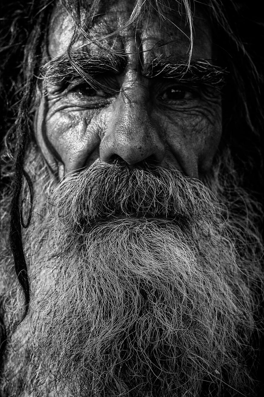 Close-up Black and White Portrait of Elderly Man with Beard