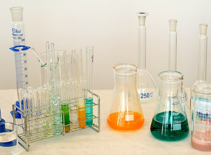 Colorful Chemistry Laboratory Glassware And Beakers