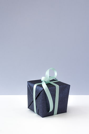Dark Blue Glitter Gift Box with Mint Ribbon on White Background