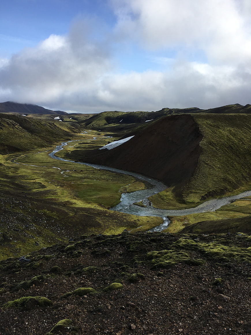 Winding River Through Mossy Icelandic Valley Landscape