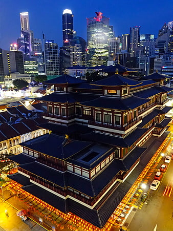 Aerial Night View of Thian Hock Keng Temple in Singapore