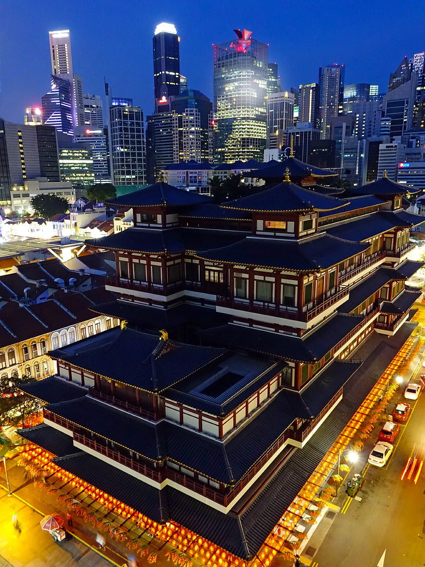 Aerial Night View of Thian Hock Keng Temple in Singapore