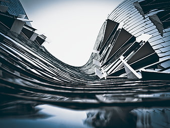 Abstract Modern Architecture with Curved Glass Facade and Reflection