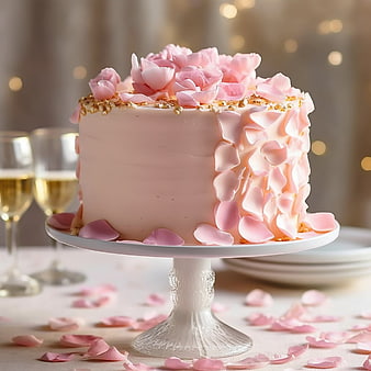 Elegant Pink Rose Cake with Petals and Gold Accents