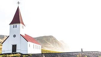 White Church with Red Roof in Icelandic Highland Landscape