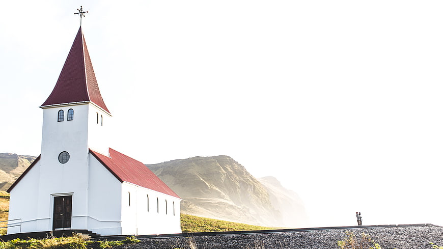White Church with Red Roof in Icelandic Highland Landscape