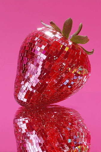 Reflective Disco Ball Strawberry on Pink Background