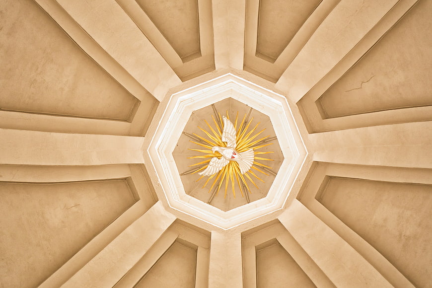 Dove and Rays in Octagonal Church Dome Ceiling