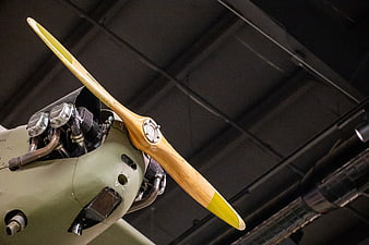 Close-up of vintage military aircraft propeller and engine