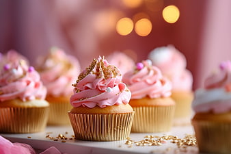 Pink Frosted Cupcakes with Gold Sprinkles and Bokeh Background