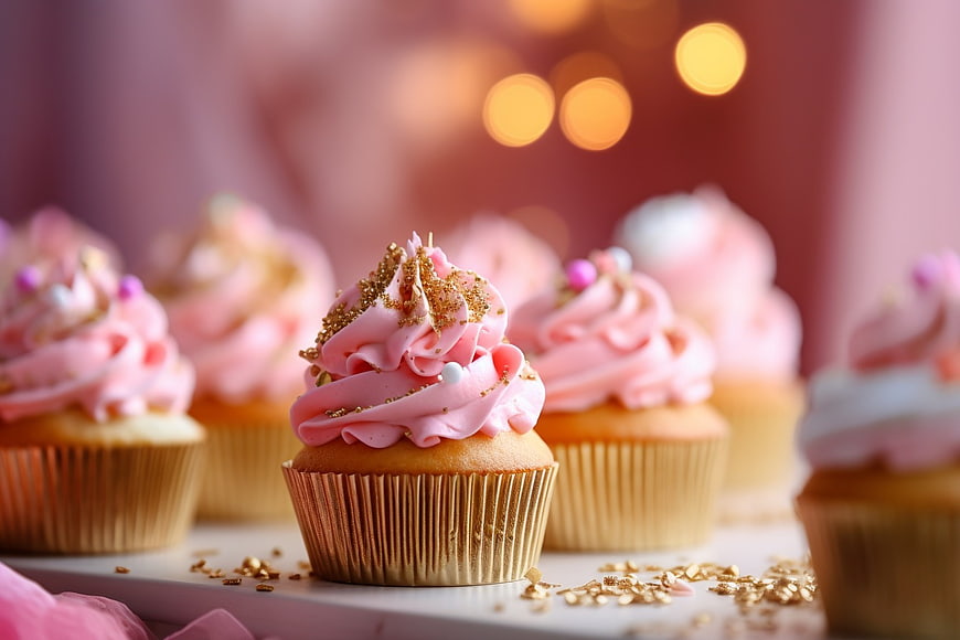 Pink Frosted Cupcakes with Gold Sprinkles and Bokeh Background