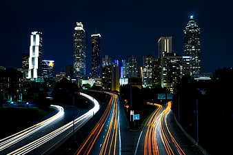 Atlanta Skyline Night with Highway Light Trails