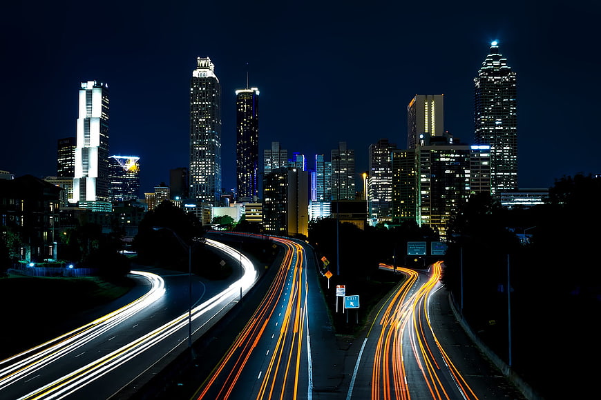 Atlanta Skyline Night with Highway Light Trails