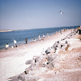 Vintage Film Photo of People Fishing on Sandy Beach