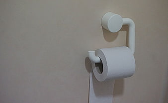 White Toilet Paper Roll on Holder Against Beige Wall