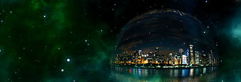 Futuristic city skyline in a crystal sphere against a green nebula background