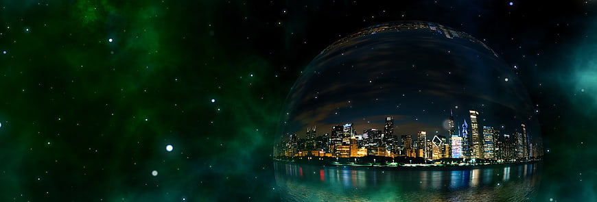 Futuristic city skyline in a crystal sphere against a green nebula background