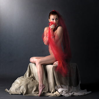 Fine Art Nude Portrait of Woman with Red Tulle Veil