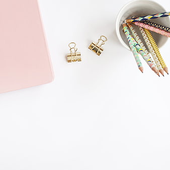 Minimalist Pink Notebook and Patterned Pencils Flat Lay