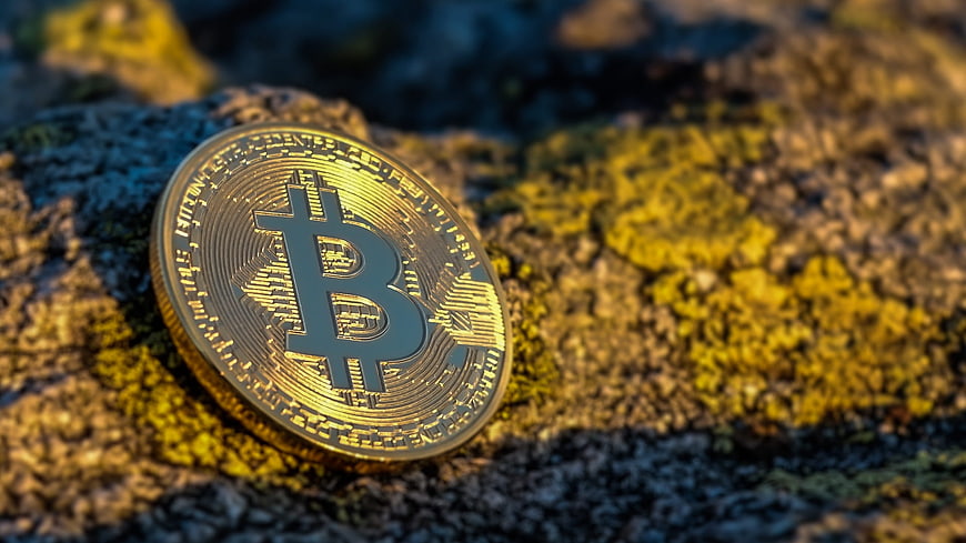 Gold Bitcoin Coin Resting On Textured Rock Surface