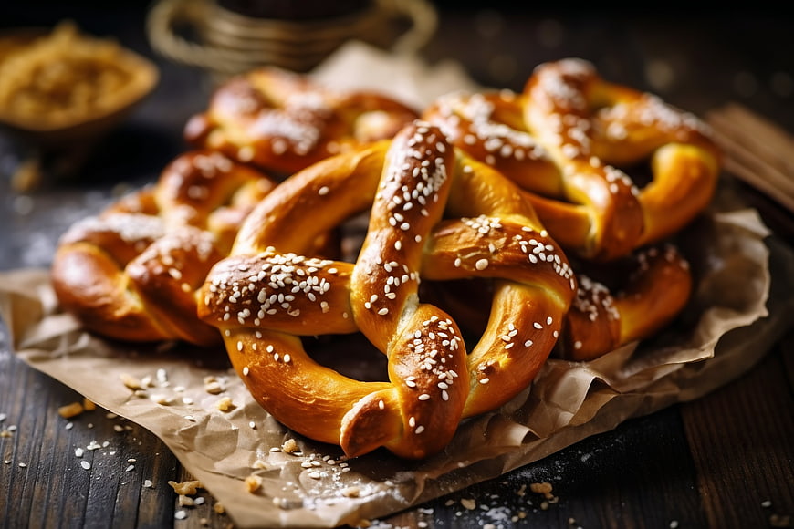 Freshly Baked Pretzels with Sesame Seeds on Rustic Wood
