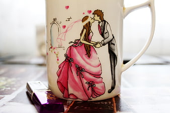 Romantic Wedding Mug with Kissing Couple Illustration