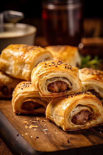 Golden Sausage Rolls on Wooden Board with Sesame Seeds