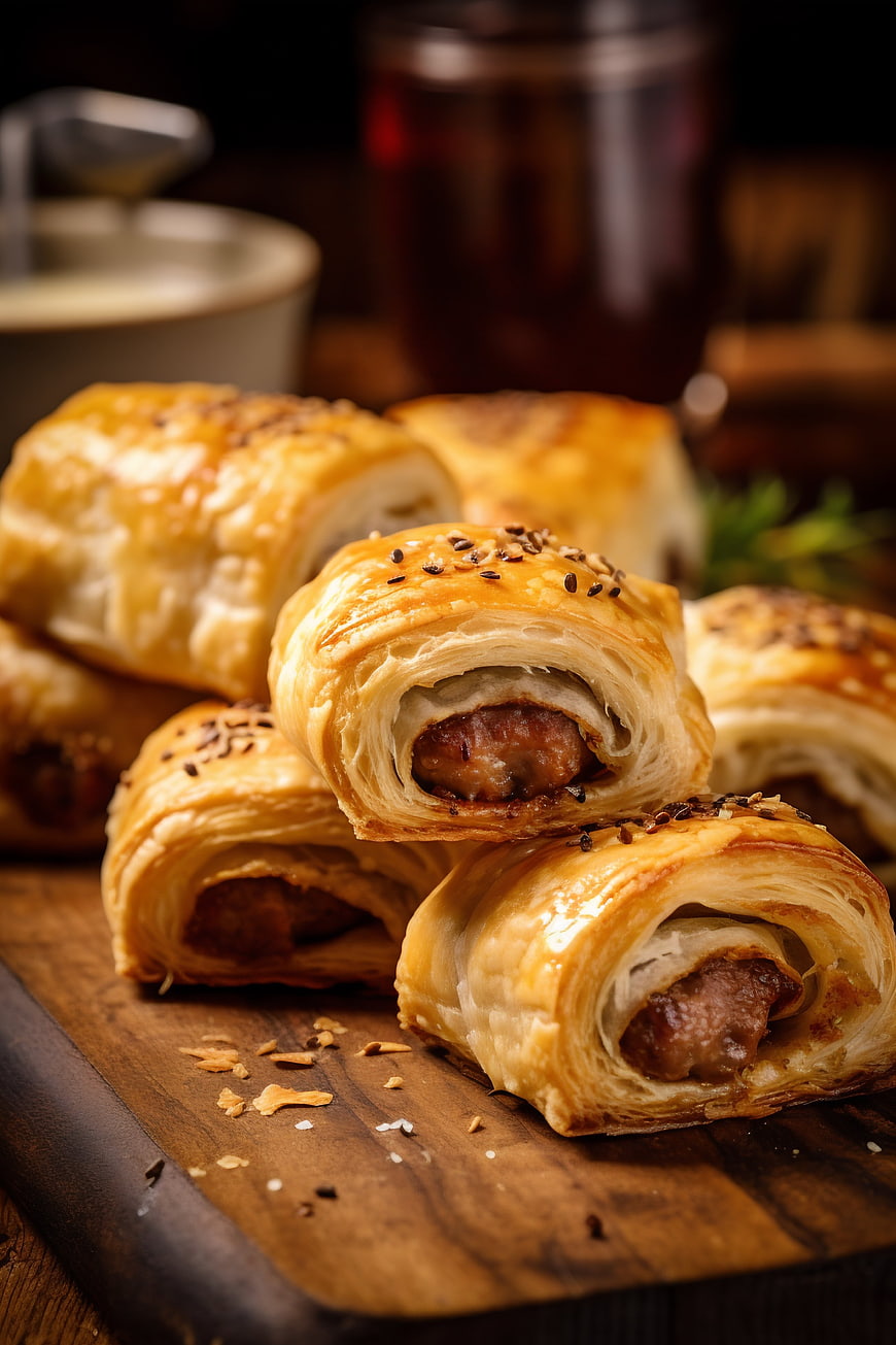 Golden Sausage Rolls on Wooden Board with Sesame Seeds