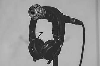 Black and white microphone and headphones on stand