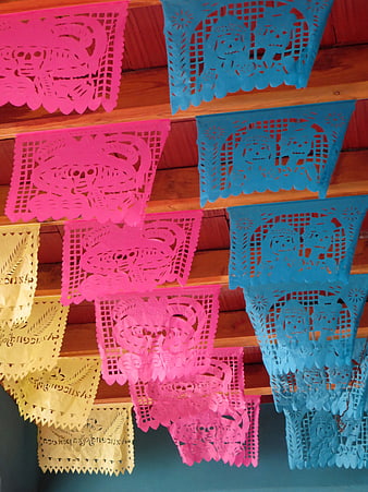 Colorful Papel Picado Day of the Dead Flags Hanging