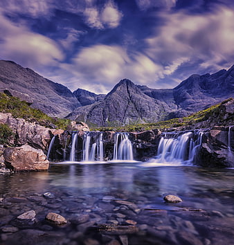 Dramatic Mountain Waterfall Landscape with Long Exposure