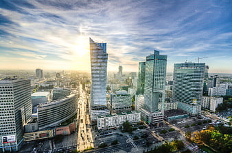 Aerial View of Warsaw Skyline at Sunset with Skyscrapers