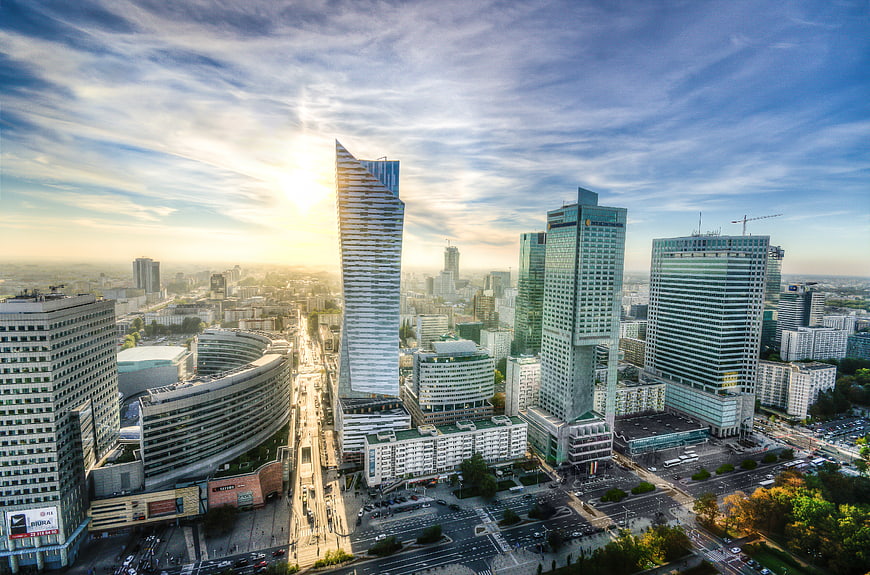 Aerial View of Warsaw Skyline at Sunset with Skyscrapers