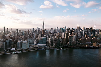Aerial View of Manhattan Skyline and Hudson River