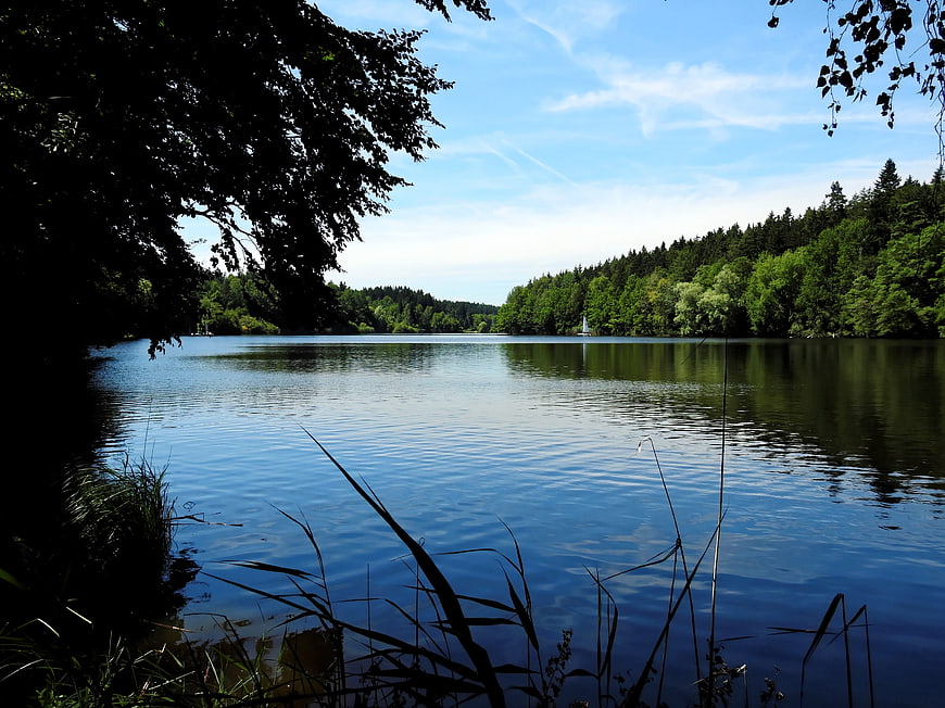 Serene Lake Landscape with Forest and Blue Sky
