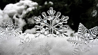 Crystal Snowflake Ornaments on Snowy Winter Background