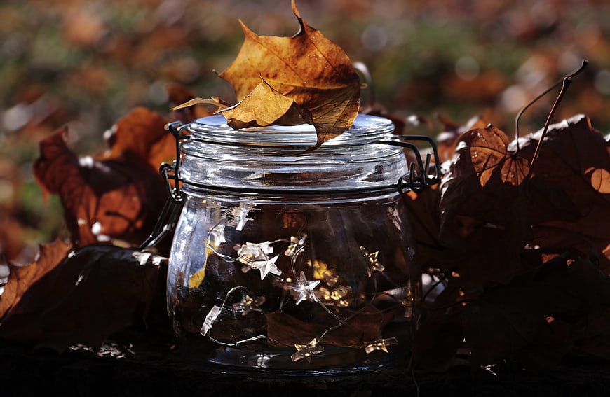 Glass jar with fairy lights and autumn leaves in warm sunlight