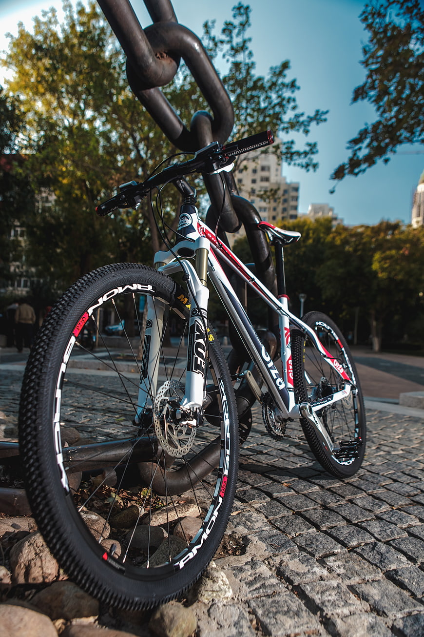 Mountain bike parked on cobblestone street in urban park