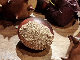 Dried buckeye powder in wooden bowl with spiky husks