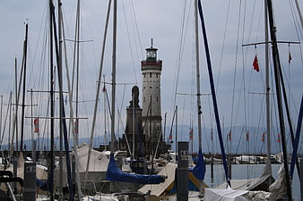 Lindau Lighthouse and Sailboats on Lake Constance