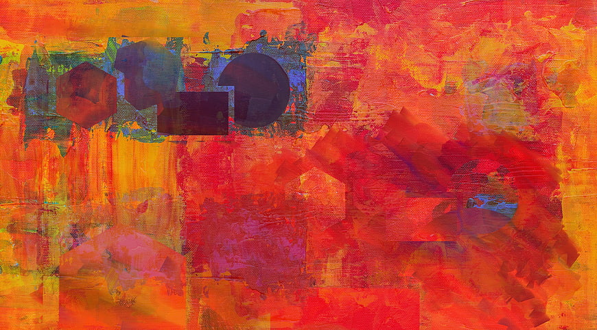 Abstract textured painting with vibrant red, orange, and yellow hues