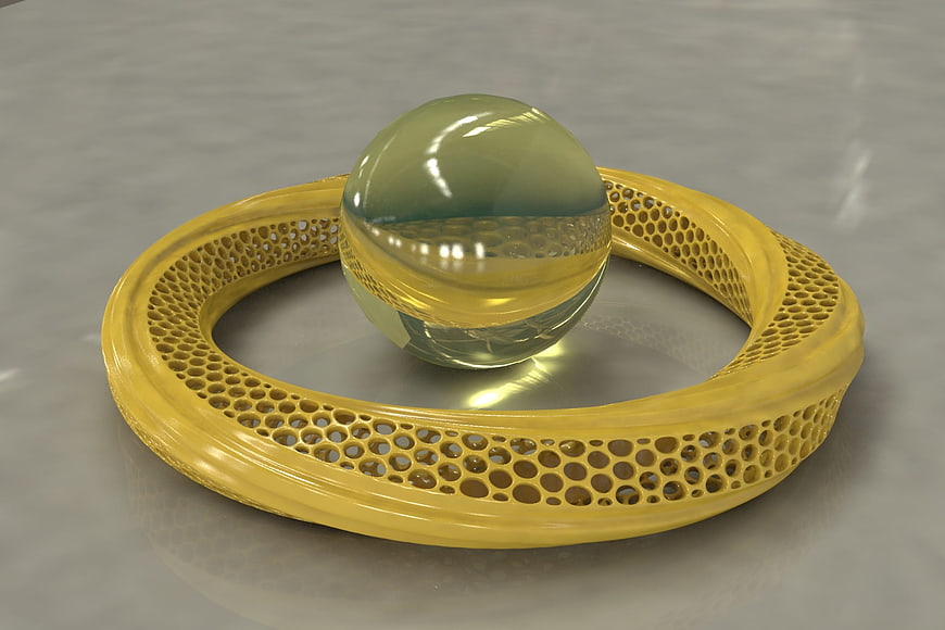 3D Render of Yellow Lattice Ring with Translucent Sphere