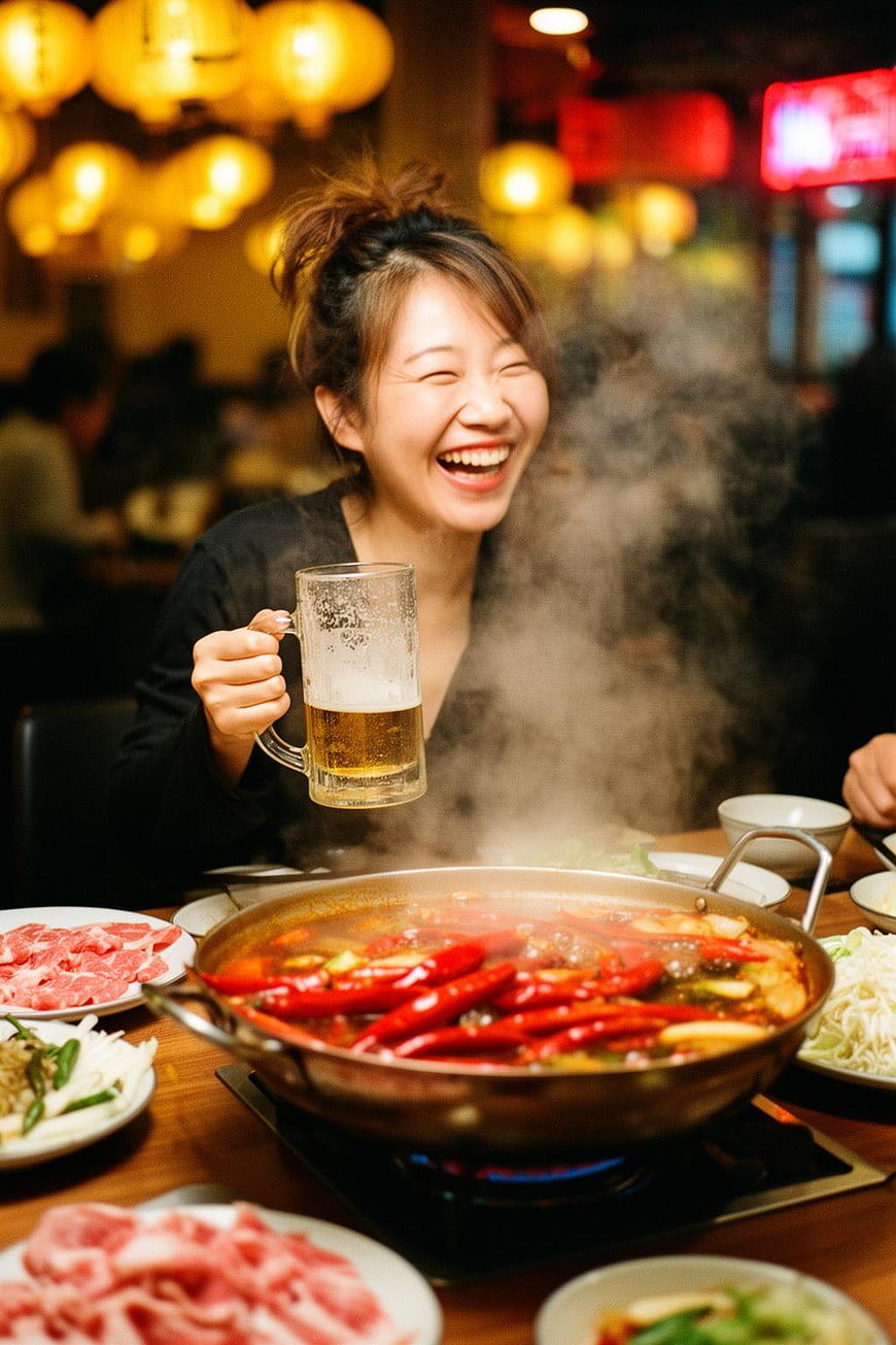 Laughing Woman Enjoying Spicy Hot Pot and Beer