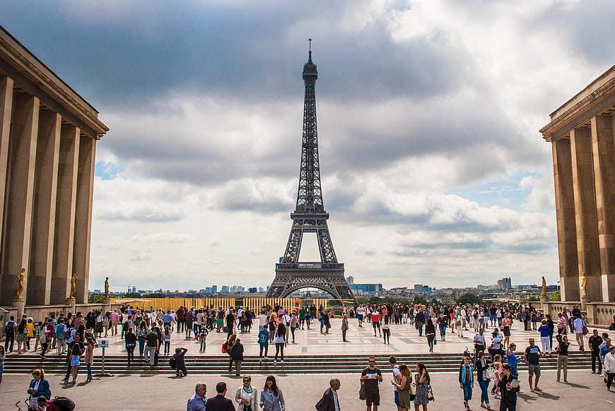 Eiffel Tower View From Trocadero Square With Crowds