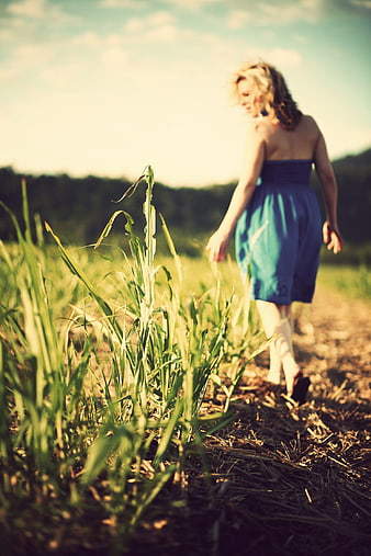 Woman in Blue Dress Walking Through Cornfield