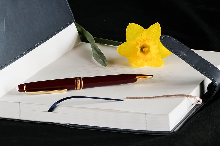 Luxury Maroon Pen and Yellow Daffodil on Open Journal