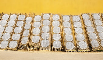 Traditional Vietnamese rice paper drying on bamboo racks