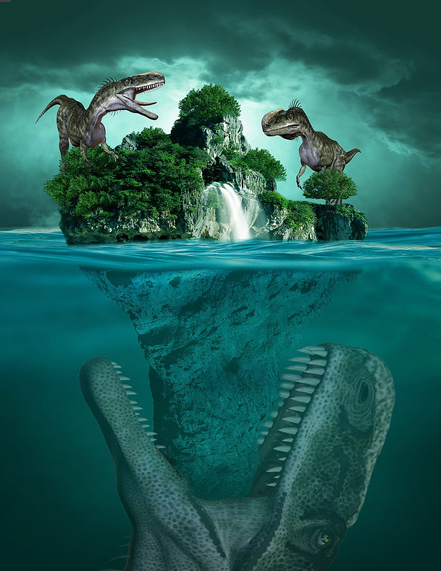 Surreal underwater dinosaur head with island above water